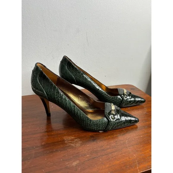 Escada Women's Green Alligator Pointed Toe Pump Size 37 Dressy Heeled Shoes NWOT