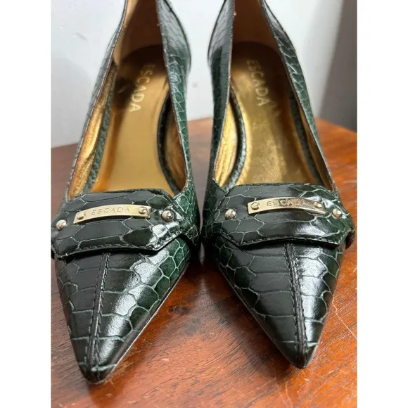 Escada Women's Green Alligator Pointed Toe Pump Size 37 Dressy Heeled Shoes NWOT