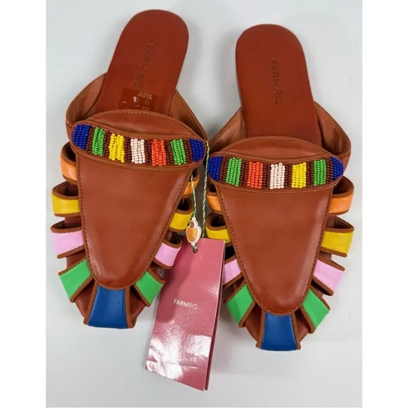 Farm Rio NWT Rust Rainbow Beaded Mule Sandals Vegan Leather, size 8