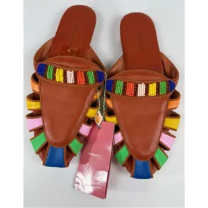Farm Rio NWT Rust Rainbow Beaded Mule Sandals Vegan Leather, size 8