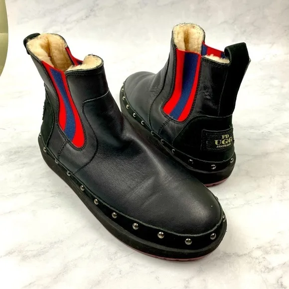 FD Ugg Australia Studded Striped Fur Lined Leather Slip On Winter Boots Size 8