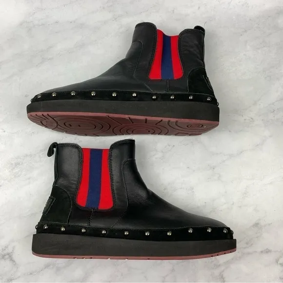 FD Ugg Australia Studded Striped Fur Lined Leather Slip On Winter Boots Size 8