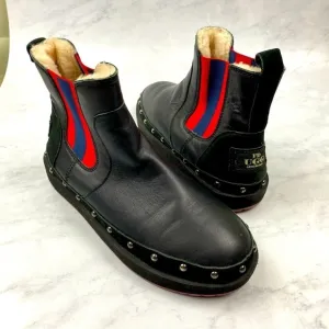 FD Ugg Australia Studded Striped Fur Lined Leather Slip On Winter Boots Size 8