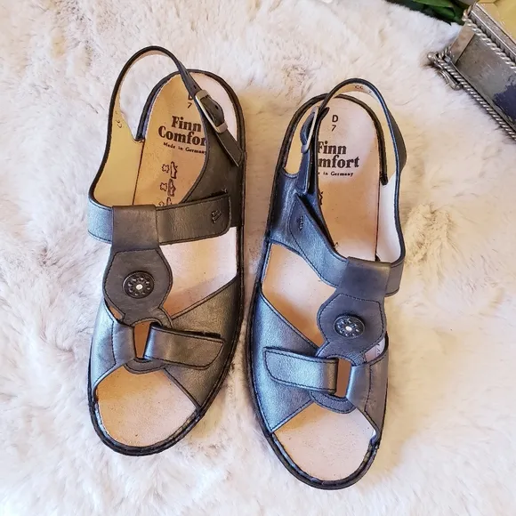 FINN COMFORT Adana Pewter Corten Leather T Strap Sling Silver Sandal Women US9.5