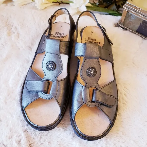 FINN COMFORT Adana Pewter Corten Leather T Strap Sling Silver Sandal Women US9.5