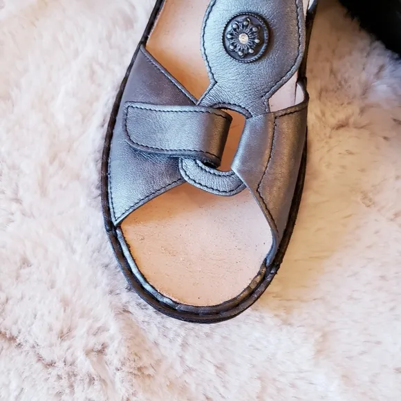 FINN COMFORT Adana Pewter Corten Leather T Strap Sling Silver Sandal Women US9.5