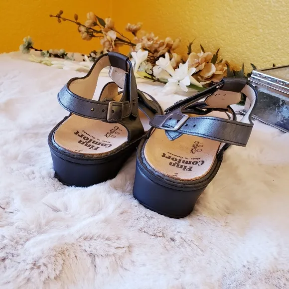 FINN COMFORT Adana Pewter Corten Leather T Strap Sling Silver Sandal Women US9.5