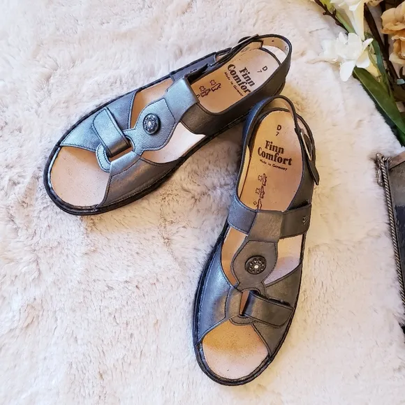 FINN COMFORT Adana Pewter Corten Leather T Strap Sling Silver Sandal Women US9.5