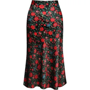 Floral Women's Midi Length High Waist Silk Satin Elasticized Cheetah Skirt