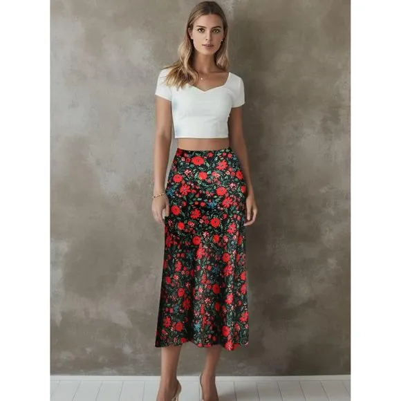 Floral Women's Midi Length High Waist Silk Satin Elasticized Cheetah Skirt