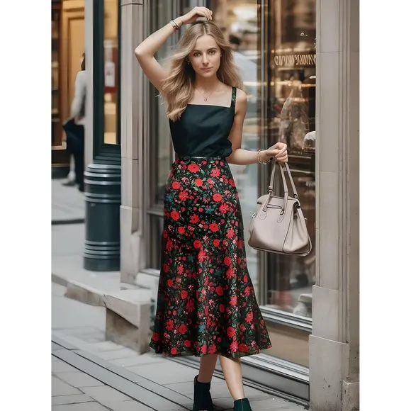 Floral Women's Midi Length High Waist Silk Satin Elasticized Cheetah Skirt