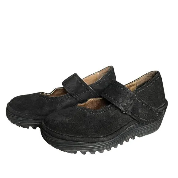 FLY London Womens Robi Black Suede Wedge Shoes Mary Jane Sz 36 EU 5.5 US