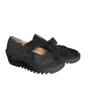 FLY London Womens Robi Black Suede Wedge Shoes Mary Jane Sz 36 EU 5.5 US