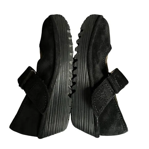 FLY London Womens Robi Black Suede Wedge Shoes Mary Jane Sz 36 EU 5.5 US