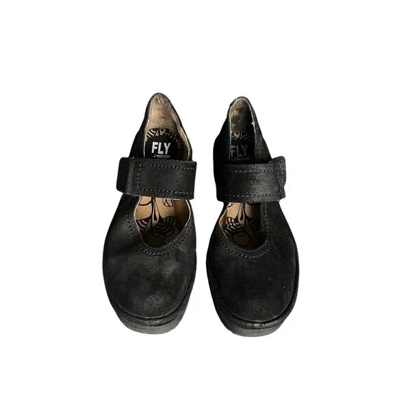 FLY London Womens Robi Black Suede Wedge Shoes Mary Jane Sz 36 EU 5.5 US