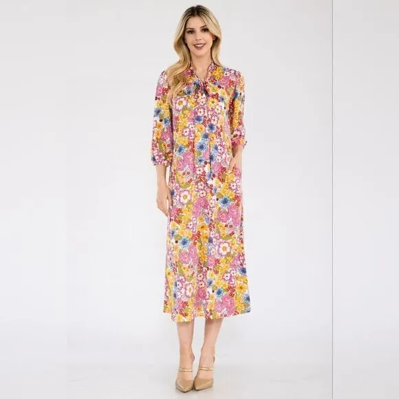 Full Size Floral Midi Dress with Bow Tied