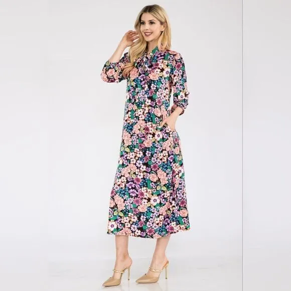 Full Size Floral Midi Dress with Bow Tied