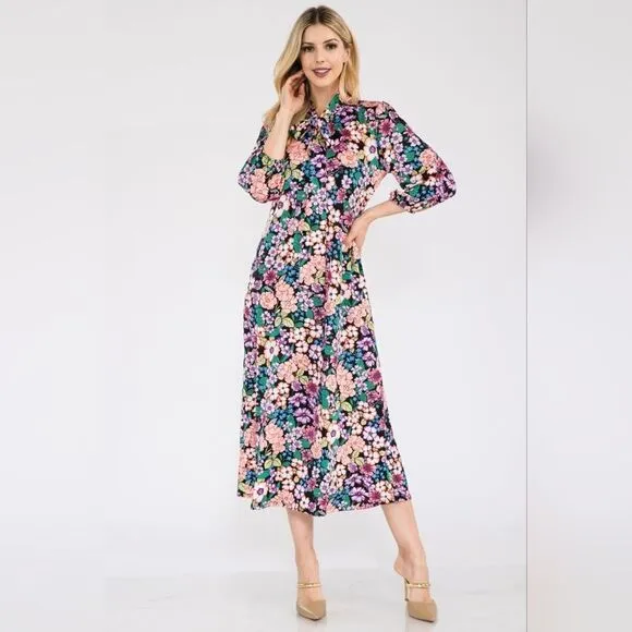 Full Size Floral Midi Dress with Bow Tied