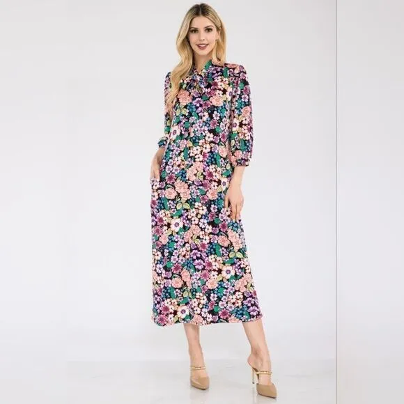 Full Size Floral Midi Dress with Bow Tied