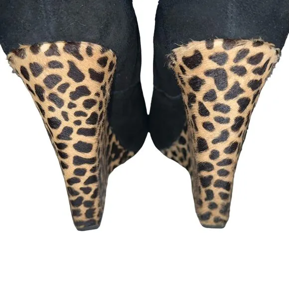 Giuseppe Zanotti Black Suede Animal Print Hide Cindy Wedge Heeled Boots Size 9.5