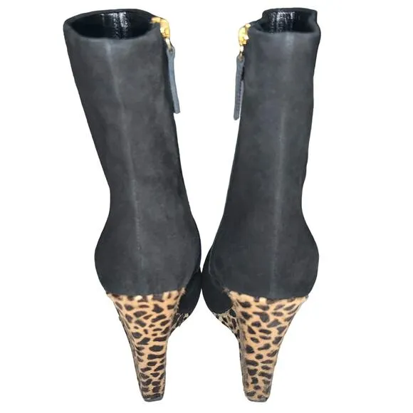 Giuseppe Zanotti Black Suede Animal Print Hide Cindy Wedge Heeled Boots Size 9.5