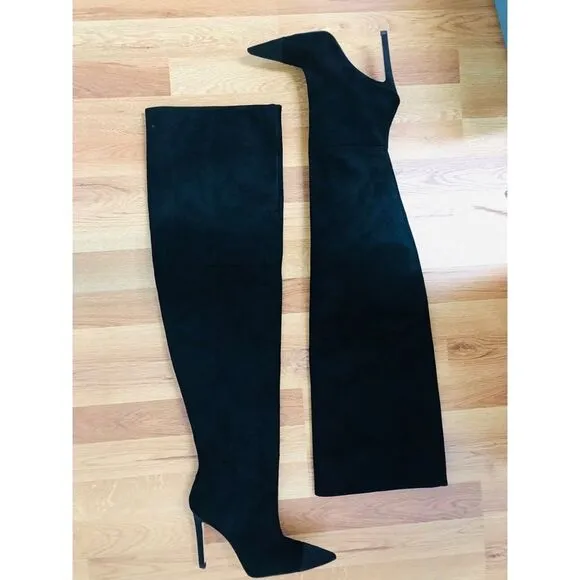GOOD AMERICAN Black Stiletto Thigh High Slouch Boots Over The Knee Size 7.5 New