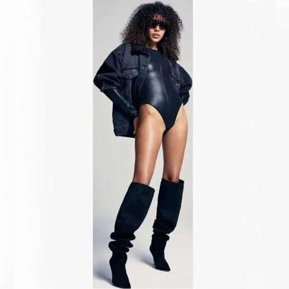 GOOD AMERICAN Black Stiletto Thigh High Slouch Boots Over The Knee Size 7.5 New