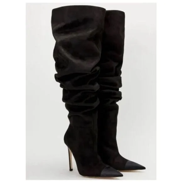 GOOD AMERICAN Black Stiletto Thigh High Slouch Boots Over The Knee Size 7.5 New