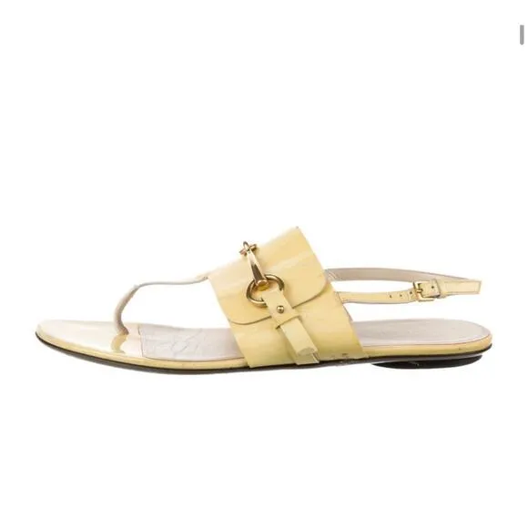 GUCCI URSULA BEGONIA Yellow PATENT HORSEBIT THONGS SANDALS EU Size EU 39.5