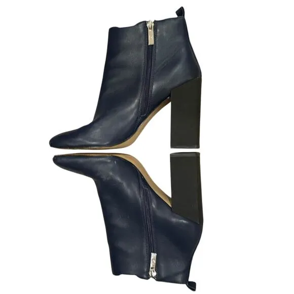 Halston Heritage Navy Blue Leather Ankle Boots Side Zip Booties Womens 7.5