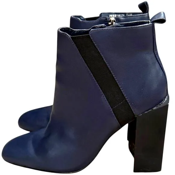 Halston Heritage Navy Blue Leather Ankle Boots Side Zip Booties Womens 7.5