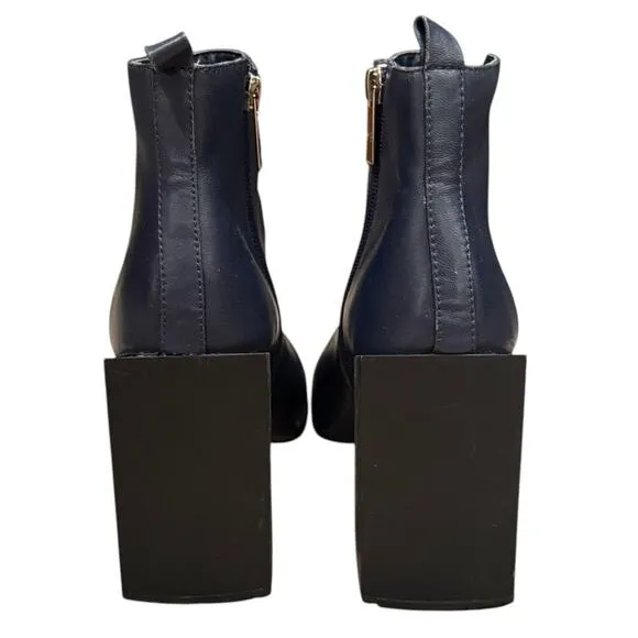 Halston Heritage Navy Blue Leather Ankle Boots Side Zip Booties Womens 7.5