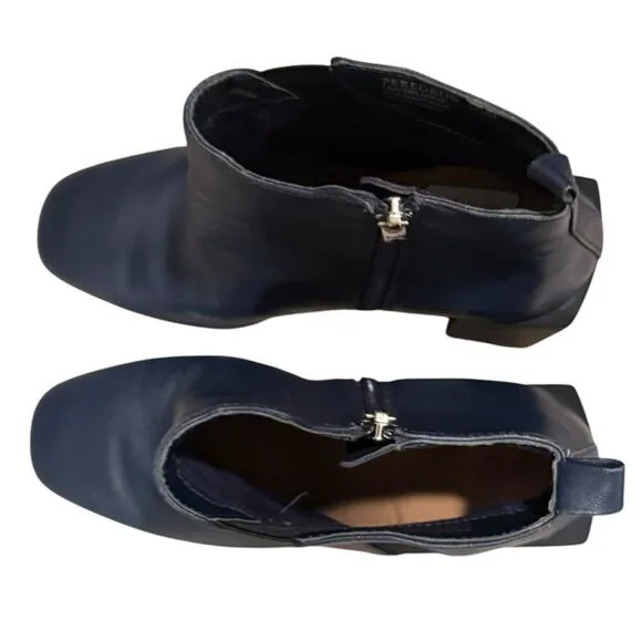 Halston Heritage Navy Blue Leather Ankle Boots Side Zip Booties Womens 7.5