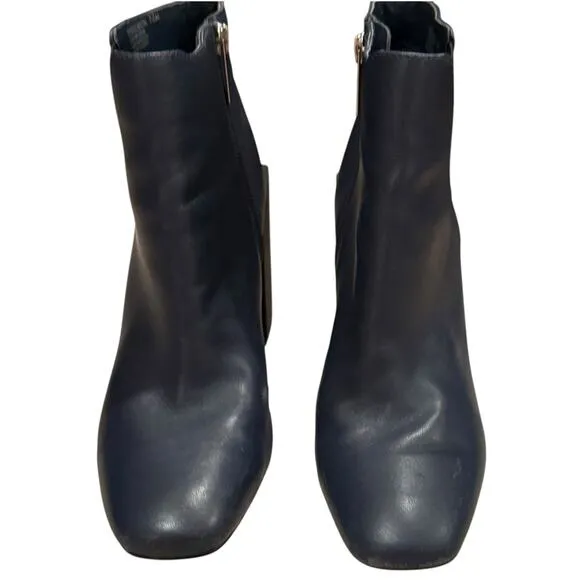 Halston Heritage Navy Blue Leather Ankle Boots Side Zip Booties Womens 7.5