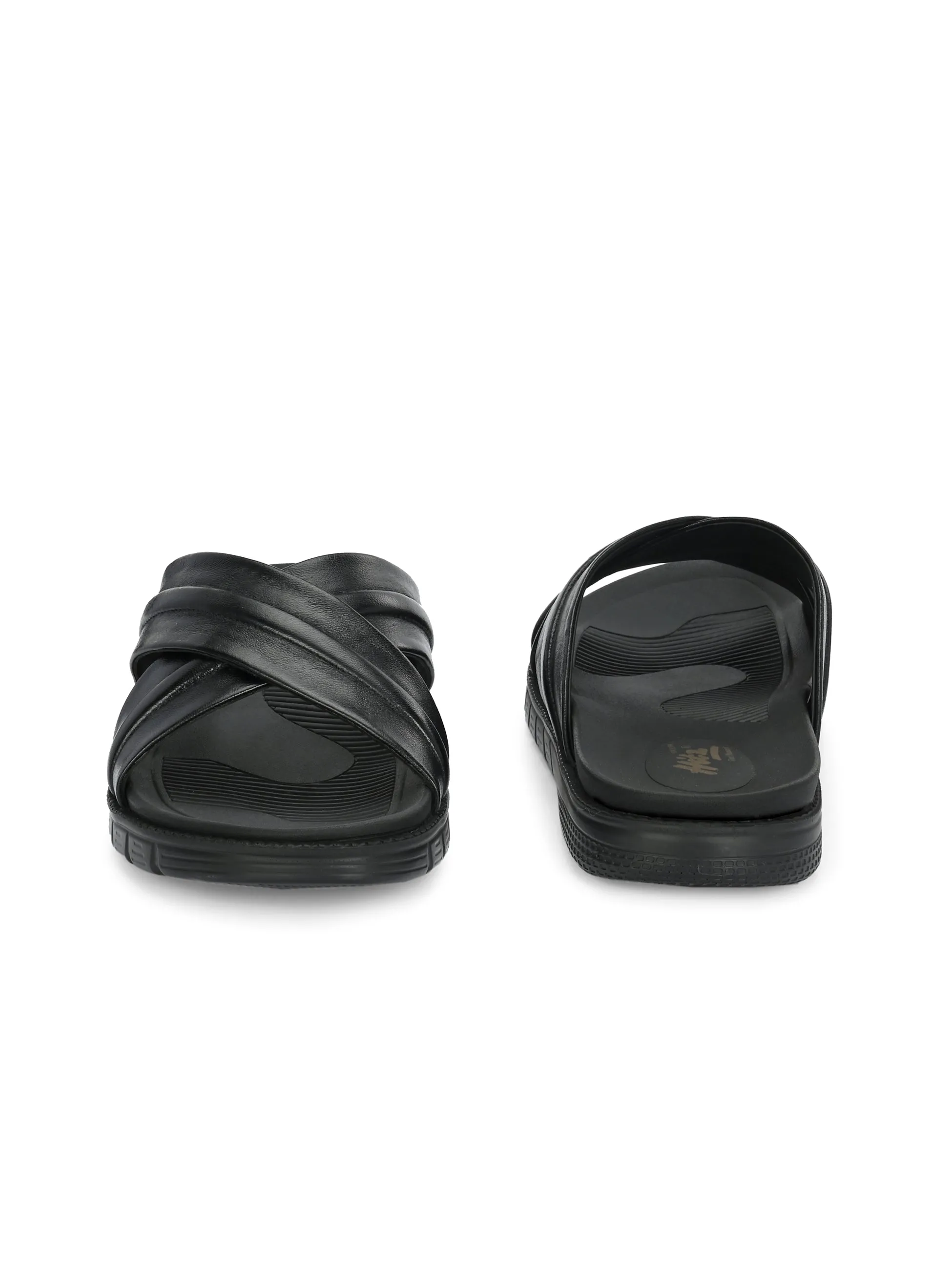 Hitz Men's Black Leather Indoor Outdoor Open Toe Slippers