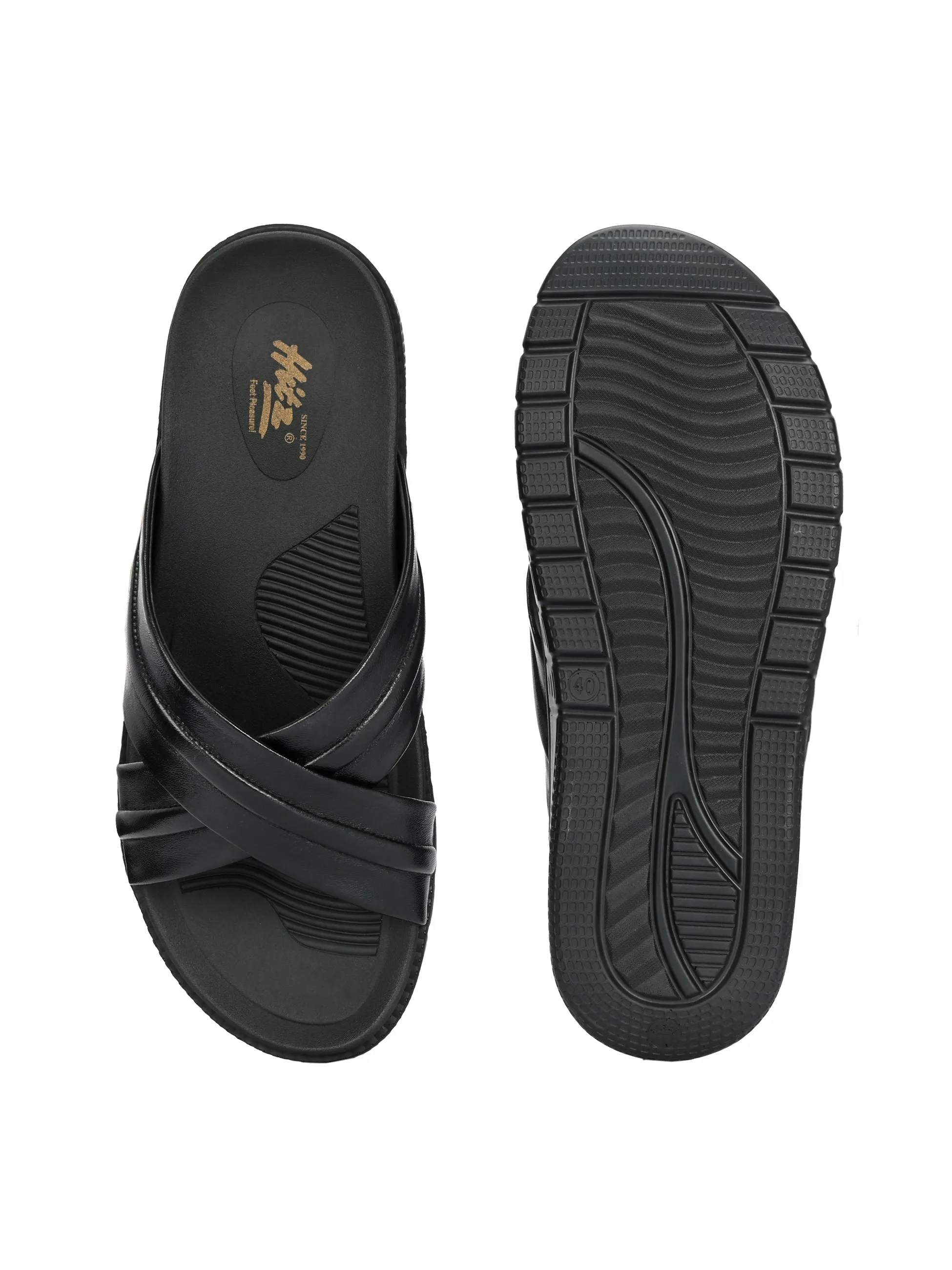 Hitz Men's Black Leather Indoor Outdoor Open Toe Slippers