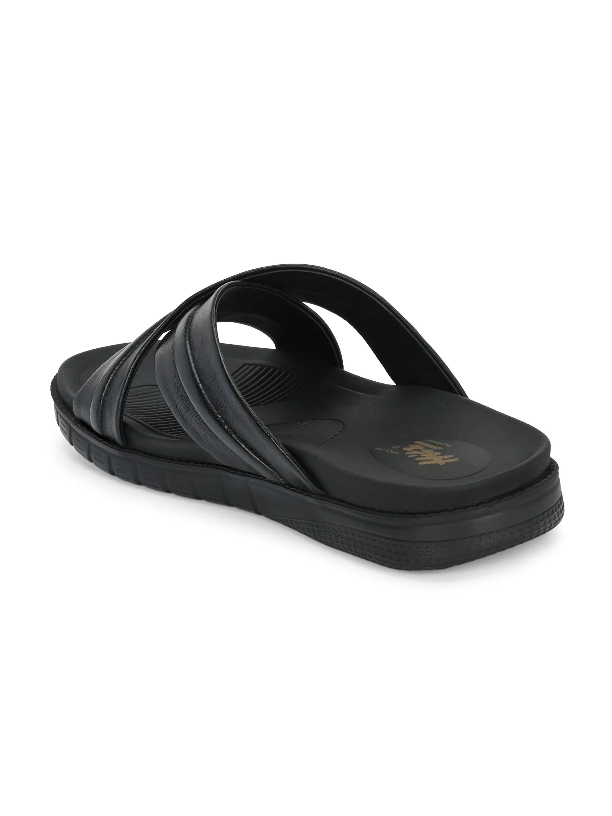 Hitz Men's Black Leather Indoor Outdoor Open Toe Slippers