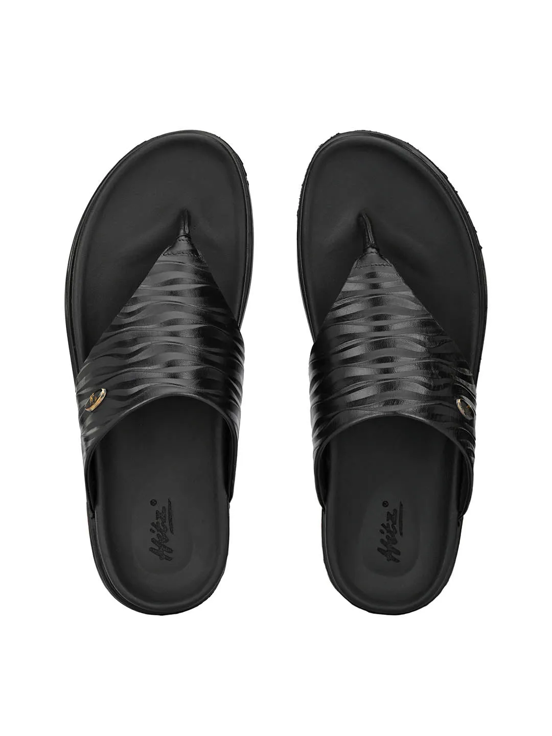 Hitz Men's Black Leather Open Toe Indoor Outdoor Slippers