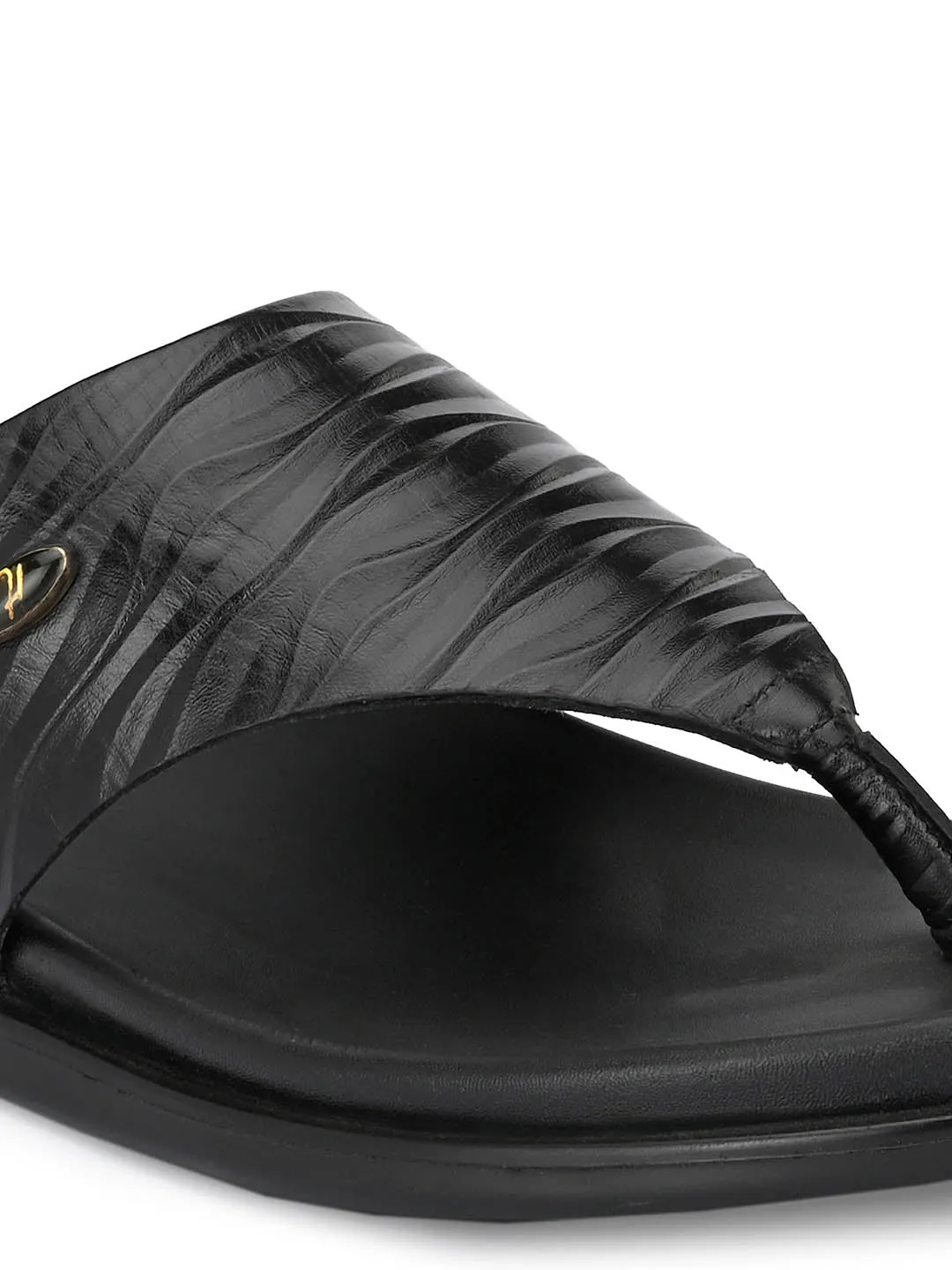 Hitz Men's Black Leather Open Toe Indoor Outdoor Slippers