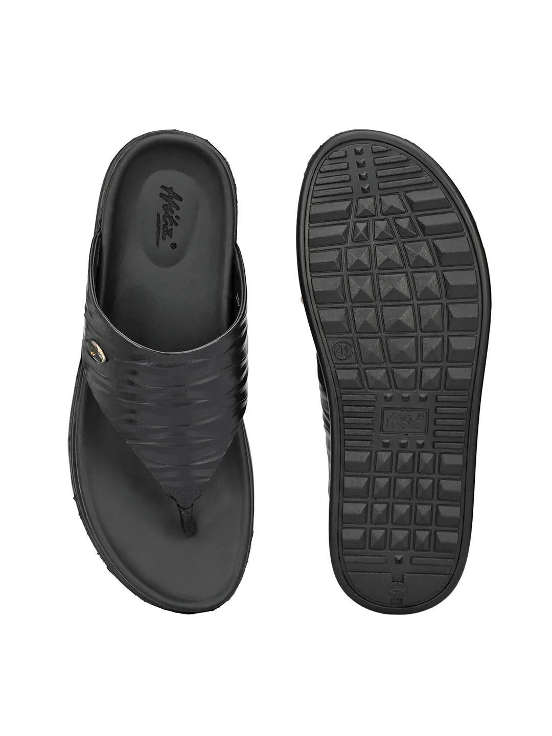 Hitz Men's Black Leather Open Toe Indoor Outdoor Slippers
