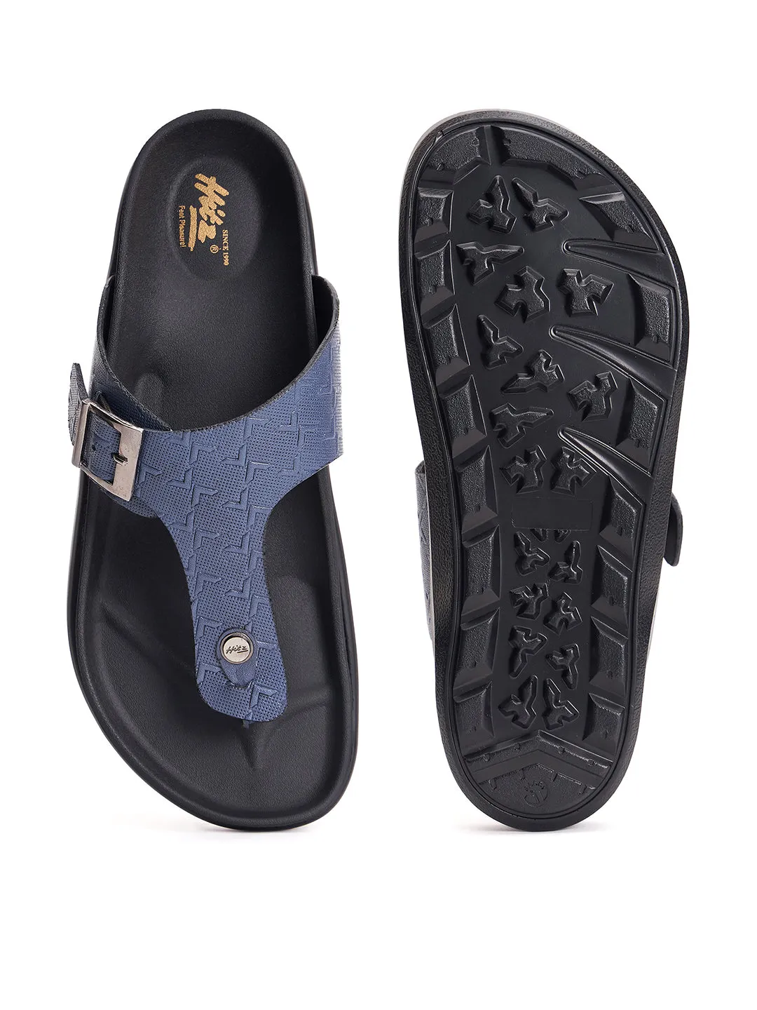 Hitz Men's Blue Leather Open Toe Slippers