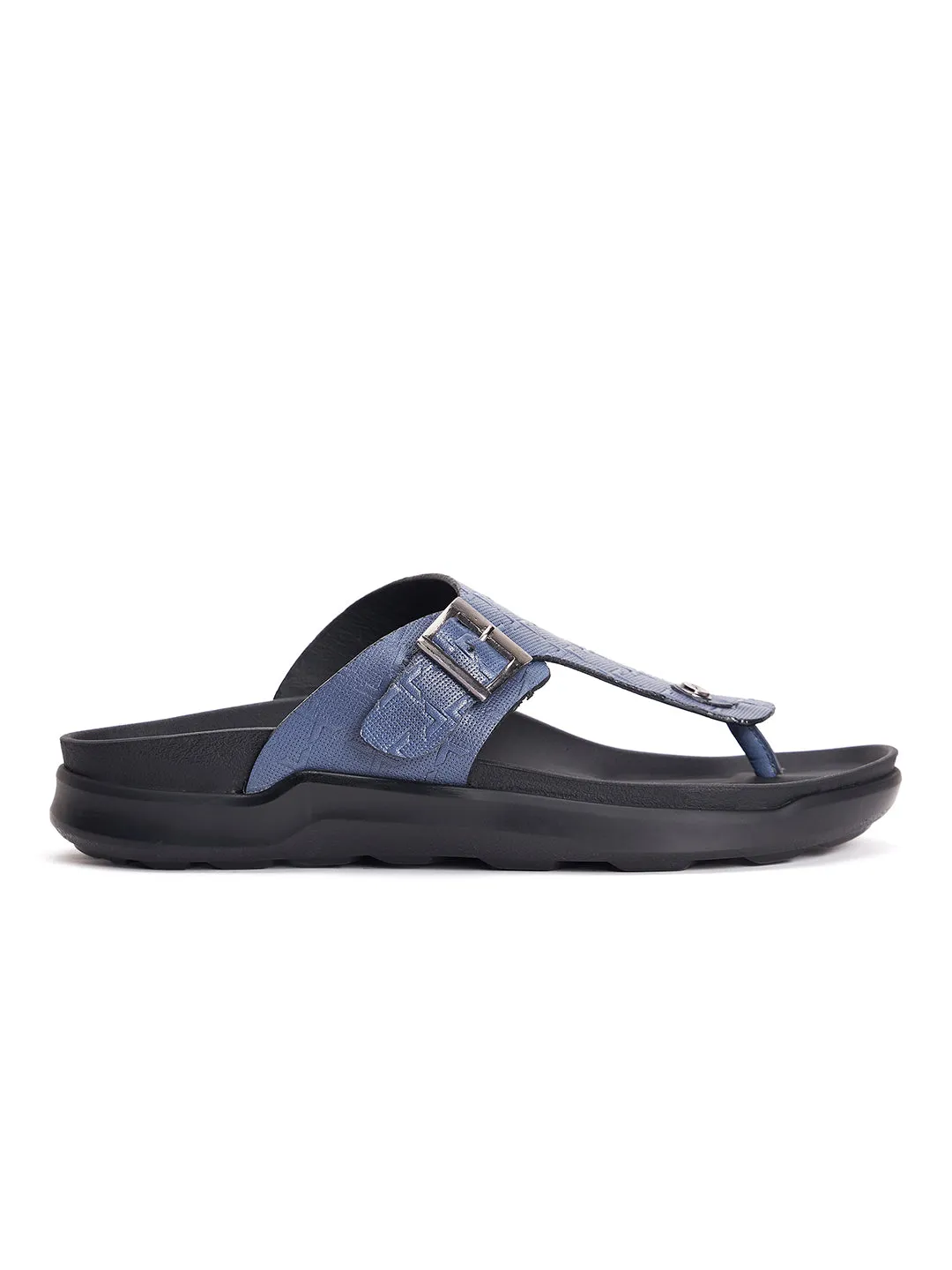 Hitz Men's Blue Leather Open Toe Slippers