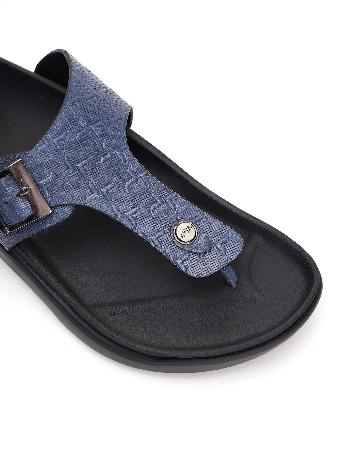 Hitz Men's Blue Leather Open Toe Slippers
