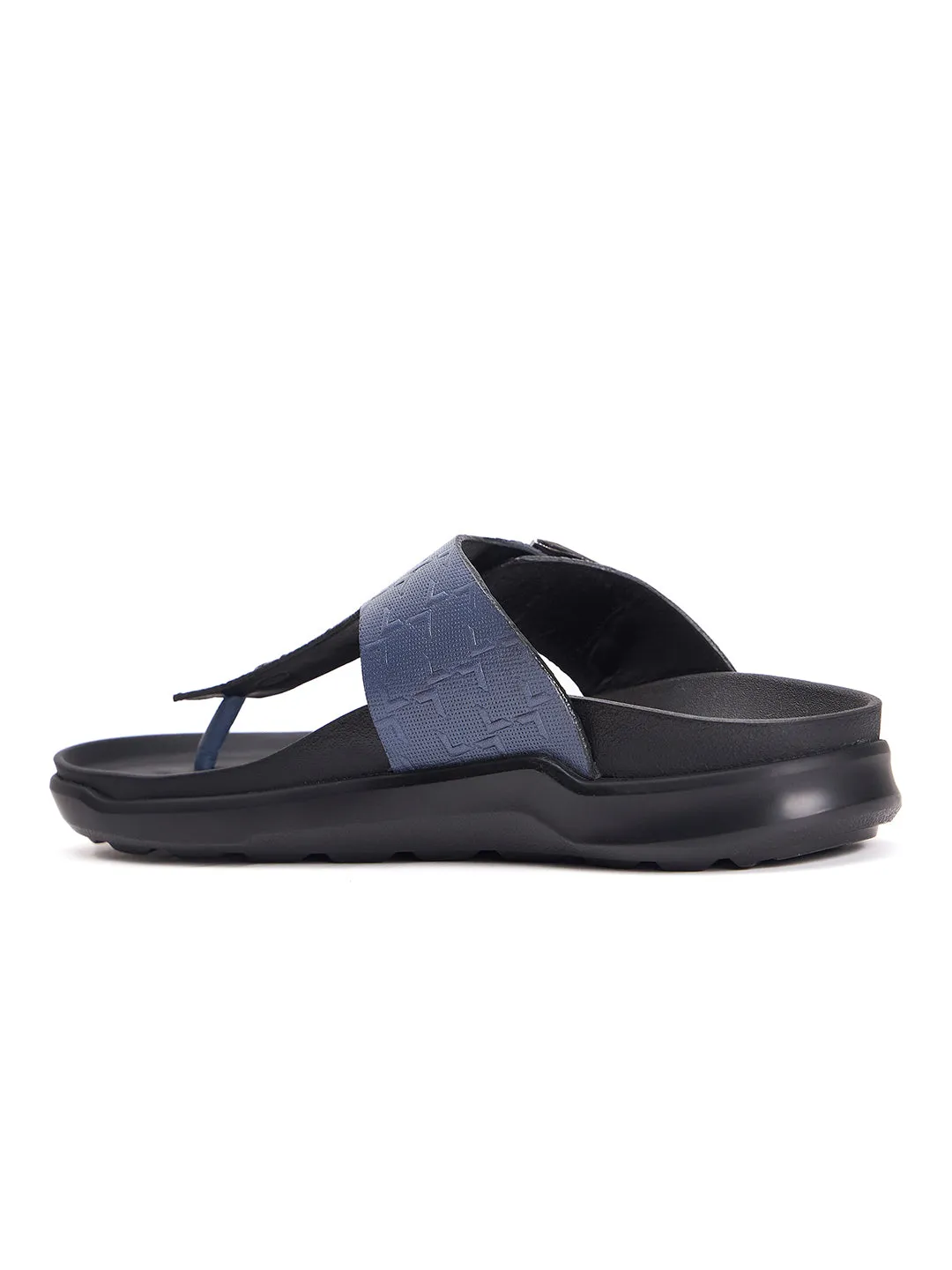 Hitz Men's Blue Leather Open Toe Slippers