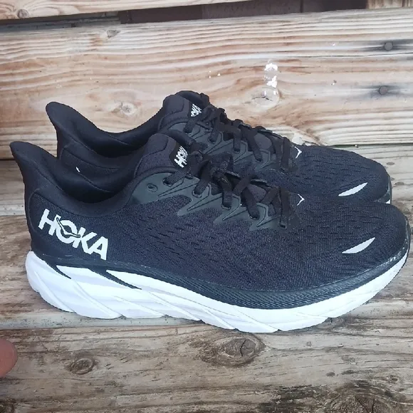 HOKA Clifton 8 Black and White Athletic Shoes