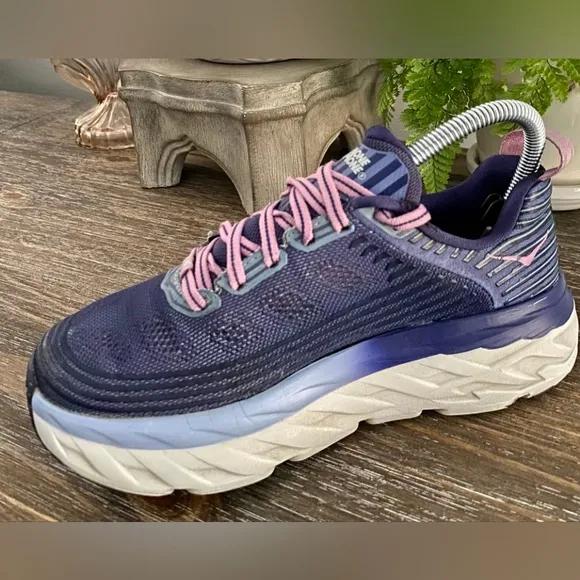 Hoka One One Womens 6 Bondi 6 Marlin Blue/Pink Athletic Running Sneakers Shoes