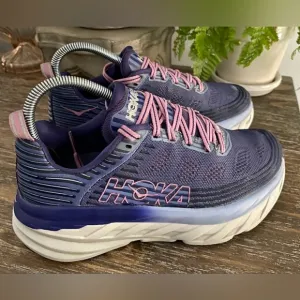 Hoka One One Womens 6 Bondi 6 Marlin Blue/Pink Athletic Running Sneakers Shoes