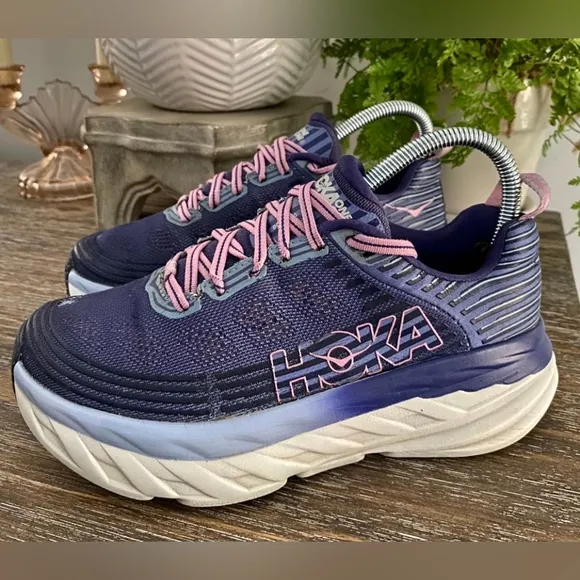 Hoka One One Womens 6 Bondi 6 Marlin Blue/Pink Athletic Running Sneakers Shoes