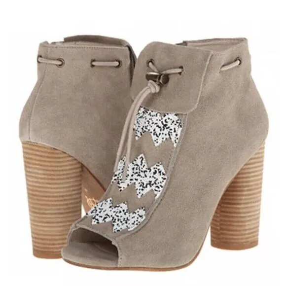 House of Harlow 1960 Beaded Peep Toe Booties Heels Suede •9/ 40• Gladiator NEW