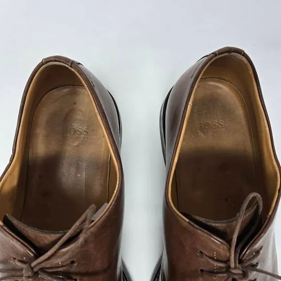 HUGO BOSS ITALY BROWN LEATHER SQUARE APRON TOE DERBY SHOES MENS SIZE 11 US